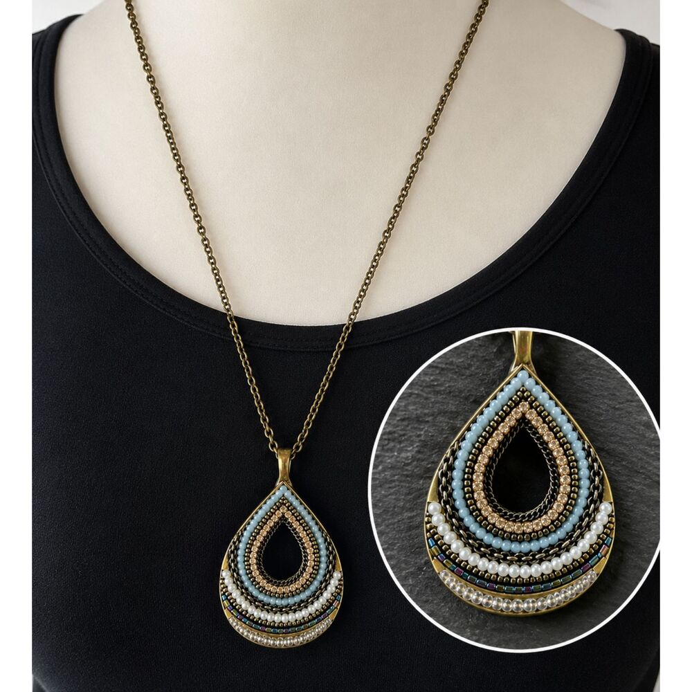 Long 45" Boho Beaded Teardrop Pendant Necklace Faux Pearl Rhinestone Brass Tone